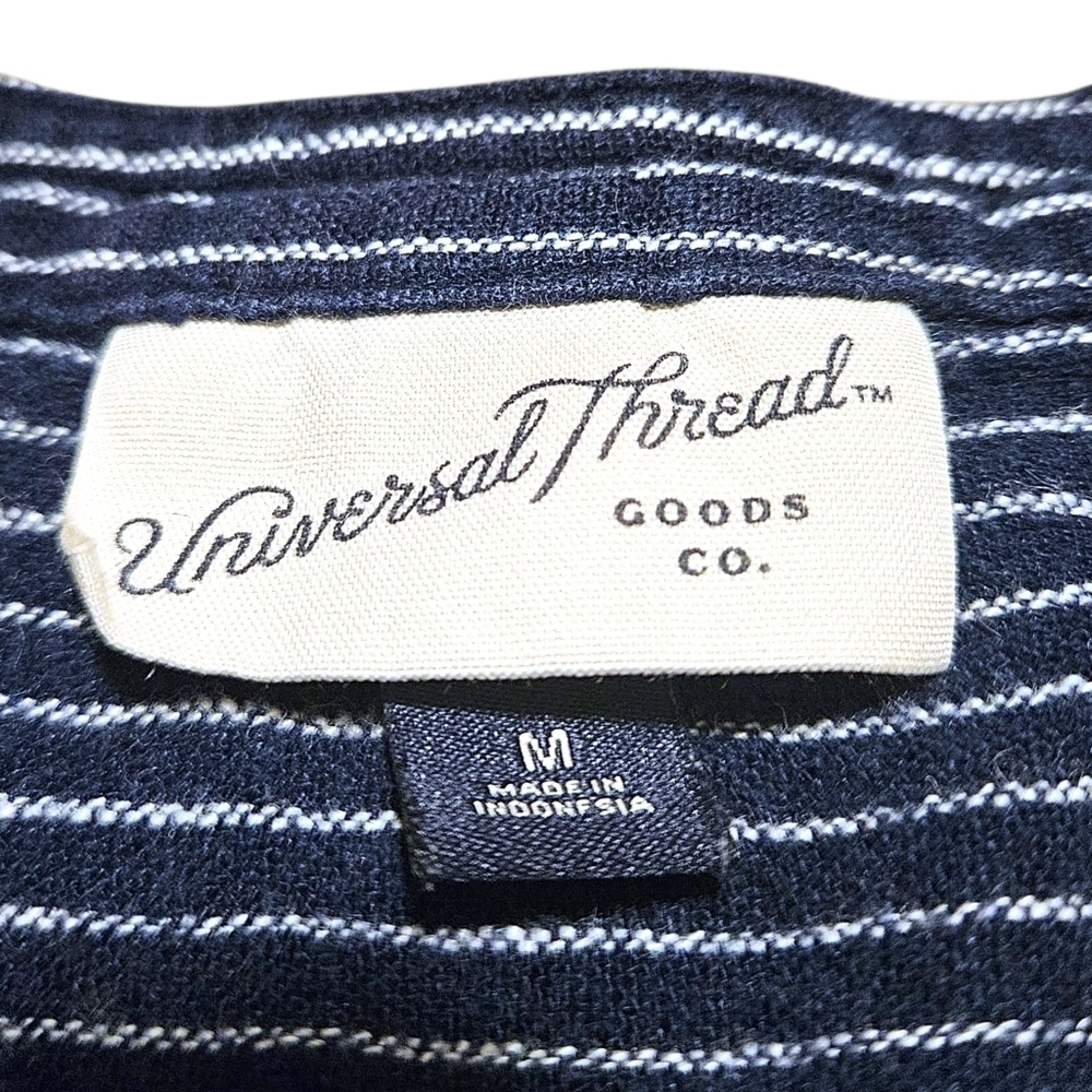 Wmns Navy Blue Striped Button Front Dress M Sleeveless Linen Beach Coastal Chic - Picture 8 of 14